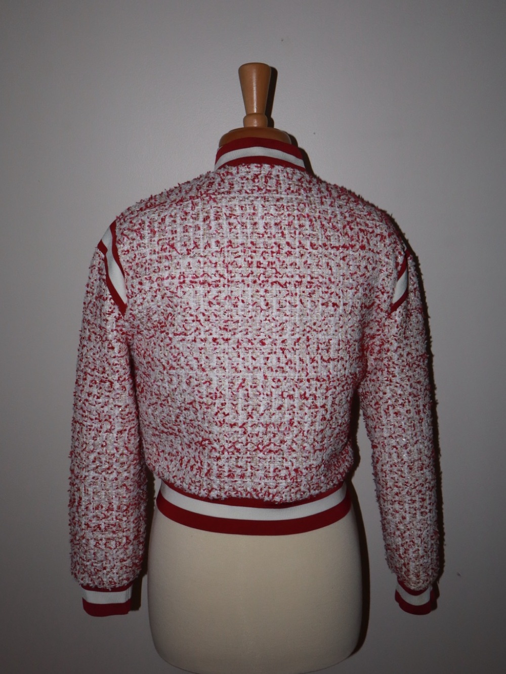 ALICE + OLIVIA Keri Varsity Jacket in Off White/Raspberry - Picture 3 of 5